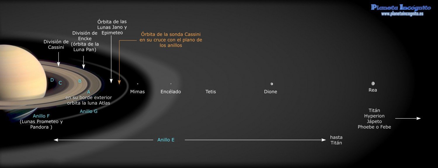 Anillos y Lunas de Saturno hasta el Anillo E y la luna Rea