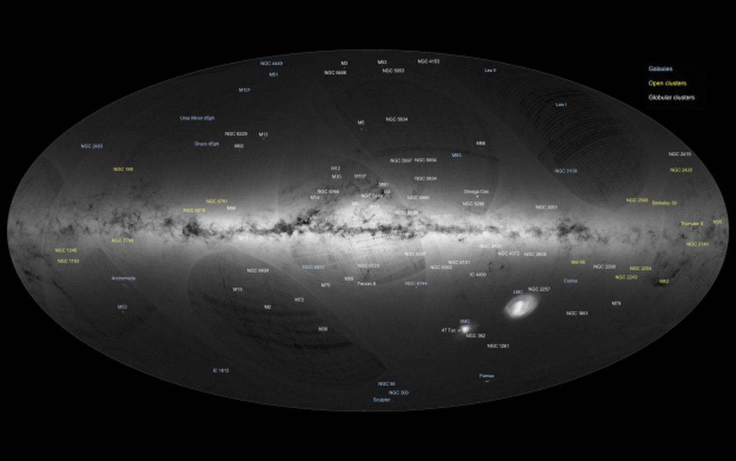 Aquí se muestra el primer mapa de cielo completo de la misión Gaia de la Agencia Espacial Europea. La vista anotada está formada por observaciones recopiladas por Gaia entre julio de 2014 y septiembre de 2015. Créditos: ESA / Gaia / DPAC
