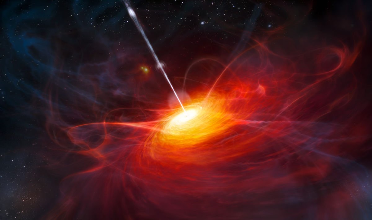 Representación artística del disco de acreción en ULAS J1120 + 0641 , un cuásar muy distante alimentado por un agujero negro con una masa dos mil millones de veces mayor que la del Sol. [1] Crédito: ESO / M. Kornmesser