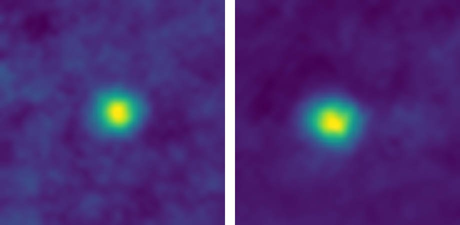 Con su Cámara de Largo Alcance (LORRI), New Horizons ha observado varios objetos del Cinturón de Kuiper (KBO) y planetas enanos en ángulos de fase únicos, así como Centauros (otra categoría de planestas menores) en ángulos de fase extremadamente altos para buscar anillos o polvo de dispersión directa. Estas imágenes coloreadas de diciembre de 2017 de KBOs 2012 HZ84 (izquierda) y 2012 HE85 son, por ahora, las fotos más lejanas tomadas por una nave espacial terrestre. También son las imágenes más cercanas de todos los objetos del Cinturón de Kuiper. Créditos: NASA / JHUAPL / SwRI